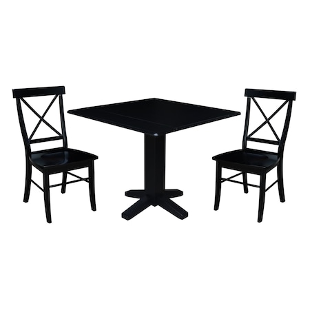 International Concepts 36 in. Solid Wood Square Dual Drop Leaf Dining Table with 2 Chairs in Black K46-36SDP-C613-2